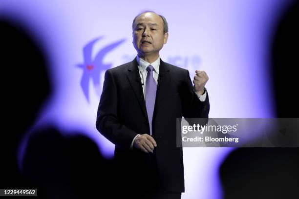 Masayoshi Son, chairman and chief executive officer of SoftBank Group Corp., delivers a keynote speech at the Junior Chamber International World...