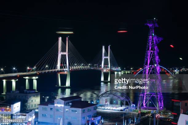 Nov 4, 2020-Sacheon, South Korera-A Night Views of the 'Samcheonpo Bridge and Marine cable car' in Sacheon-City, South Korea on Oct 30, 2020....