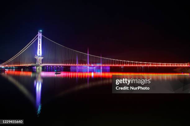 Nov 4, 2020-Damyang, South Korea-A Night Views of the South Korea largest lake Yedangho and suspension bridge at Yedangho lake in Yesan, South Korea...