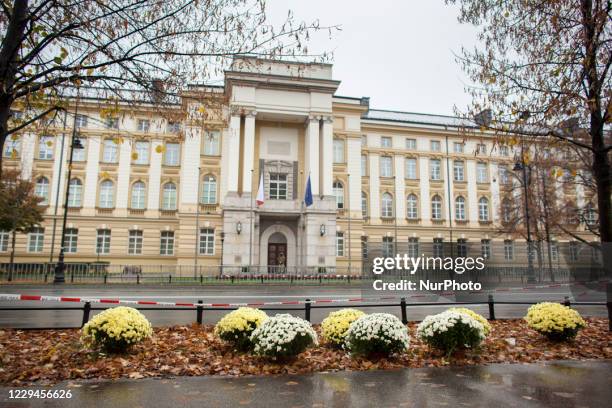 Wreaths near Prime Minister building seen in Warsaw on 4 November 2020.