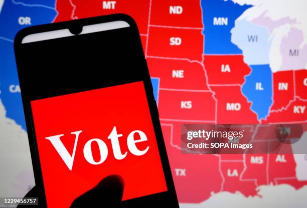 In this Photo illustration "Vote" is seen displayed on a smartphone screen with the background of US election results map.