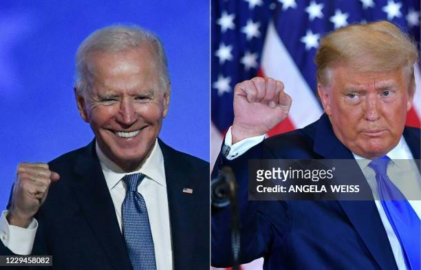 This combination of pictures created on November 04, 2020 shows Democratic presidential nominee Joe Biden in Wilmington, Delaware, and US President...