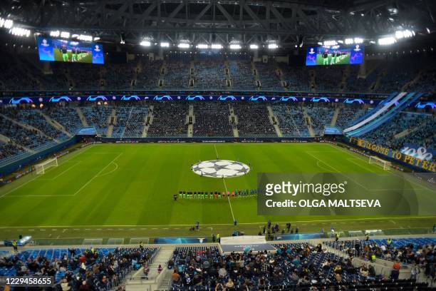 General view of the stadium before the UEFA Champions League football match between Zenit and Lazio at the Saint Petersburg Stadium in Saint...