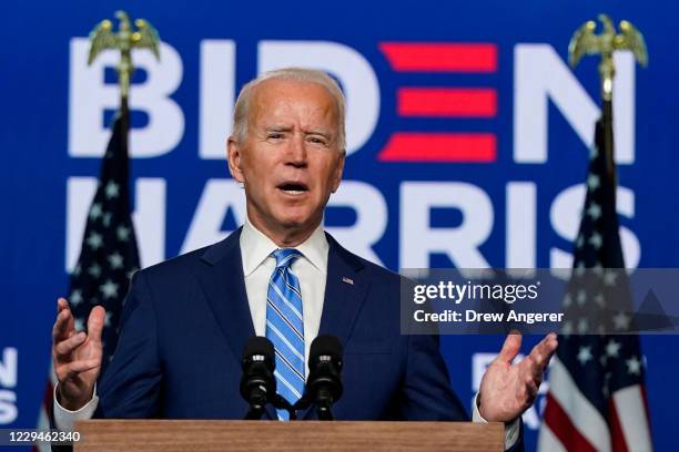 Democratic presidential nominee Joe Biden speaks one day after Americans voted in the presidential election, on November 04, 2020 in Wilmington,...