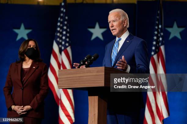 Democratic presidential nominee Joe Biden, joined by vice presidential nominee Sen. Kamala Harris , speaks one day after Americans voted in the...