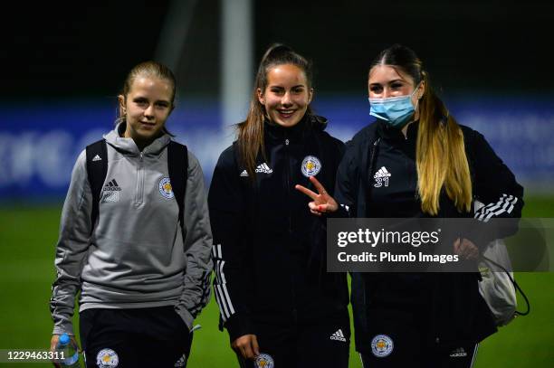 Morgan Sutton of Leicester City Women with, Lucy Wood of Leicester City Women and Ellie York of Leicester City Women before the FA Women's...