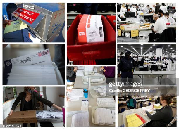 This combination of pictures created on November 04, 2020 shows a man drops off his mail-in-ballot at a dropbox in Salt Lake City, Utah, on October...