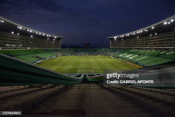 View of the empty Deportivo Cali stadium during the closed-door Copa Sudamericana second round football match between Colombia's Deportivo Cali and...