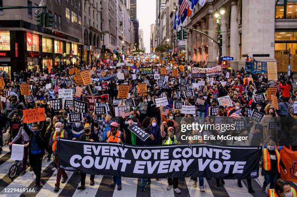 Participants holding a banner reading: "EVERY VOTE COUNTS/COUNT EVERY VOTE" at the protest. Concerned citizens and members of the NYC Protect the...