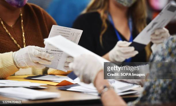 Luzerne County employees open mail-in ballots to be counted at the elections board in Wilkes-Barre. Pennsylvania mail-in ballots are being counted...