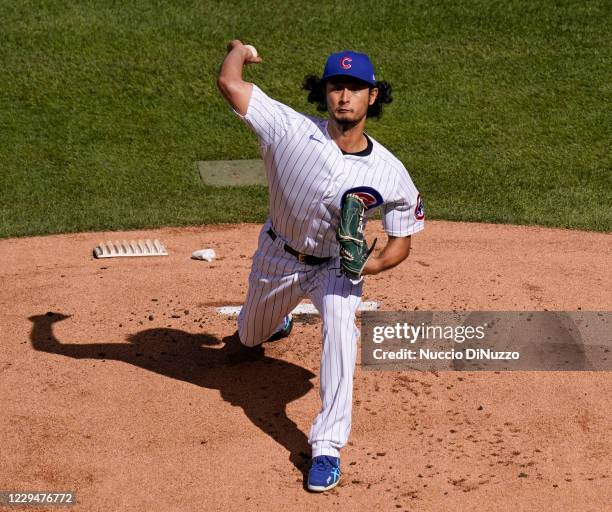 Yu Darvish of the Chicago Cubs pitches during Game 2 of the Wild Card Series between the Miami Marlins and the Chicago Cubs at Wrigley Field on...