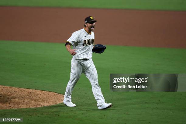 Trevor Rosenthal of the San Diego Padres celebrates after Game 3 of the Wild Card Series between the St. Louis Cardinals and the San Diego Padres at...