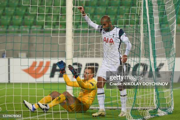 Tottenham's Brasilian midfielder Lucas Moura celebrates after scoring a goal during the UEFA Europa League group stage football match between...