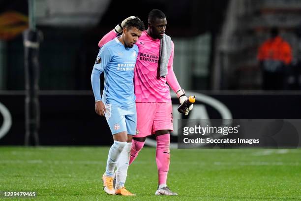 Donyell Malen of PSV, Yvon Mvogo of PSV disappointed during the UEFA Europa League match between PAOK Saloniki v PSV at the Toumba Stadium on...