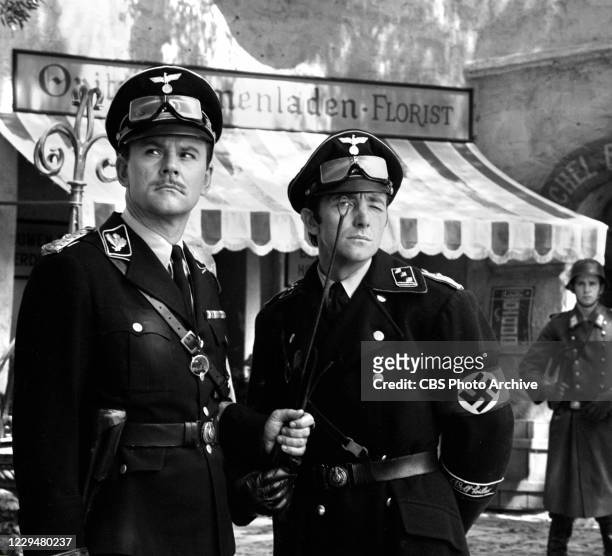 Pictured from left are actors Bob Crane , Richard Dawson in the HOGAN'S HEROES episode, "The Scientist." Image dated September 9, 1965.