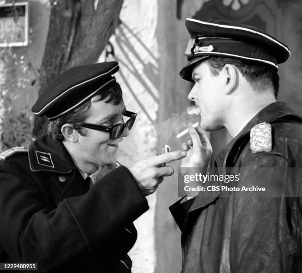 Pictured from left are actors Richard Dawson , Bob Crane in the HOGAN'S HEROES episode, "The Scientist." Image dated September 9, 1965.