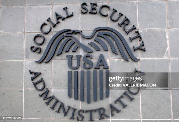 The logo of the US Social Security Administration is seen outside a Social Security building, November 5 in Burbank, California.