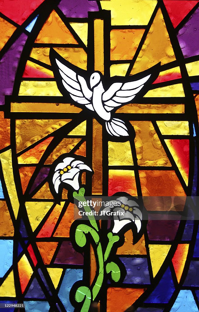 Multicolored Stained Glass Window - Cross with Dove and Lilies