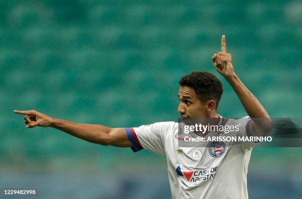 Brazil's Bahia Fessin celebrates after scoring against Peru's Melgar during their closed-door Copa Sudamericana second round football match at the...