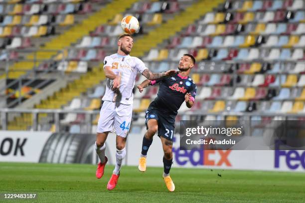 Stjepan Loncar of HNK Rijeka in action against Matteo Politano of SSC Napoli during the UEFA Europa League Group F stage match between HNK Rijeka and...