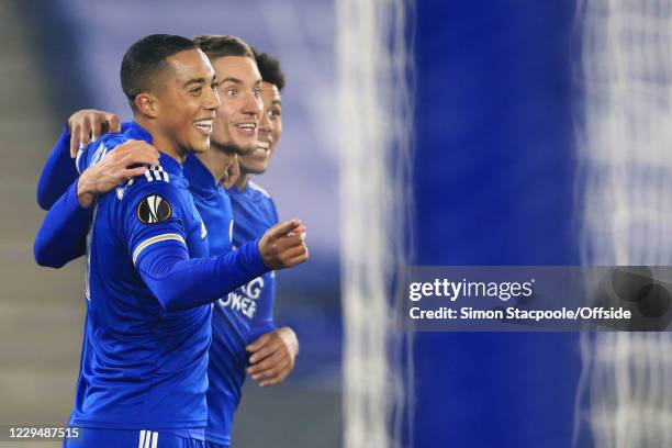 Dennis Praet of Leicester celebrates with teammates Youri Tielemans of Leicester and James Justin of Leicester after scoring their 2nd goal during...