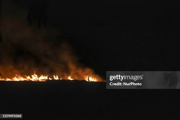 Farmers burns paddy stubble in a field, in Punjab, India on 06 November 2020. Delhi air pollution soars to season's high, AQI mounts to 448