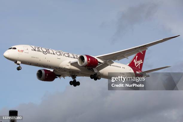 Virgin Atlantic Boeing 787 lands at London Heathrow Airport on 28th October 2020