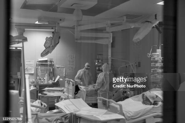 Image was converted to black and white) A view inside the intensive care unit in the COVID 19 department at the Istituto Clinico Casalpalocco...