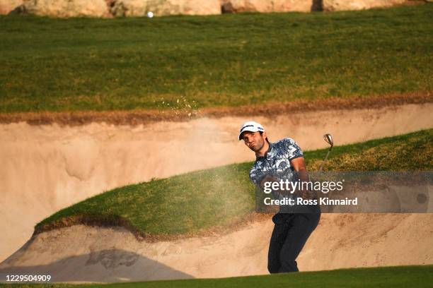 Joel Stalter of France hits a bunker shot on the 18th hole during the third round of the Aphrodite Hills Cyprus Showdown at Aphrodite Hills Resort on...