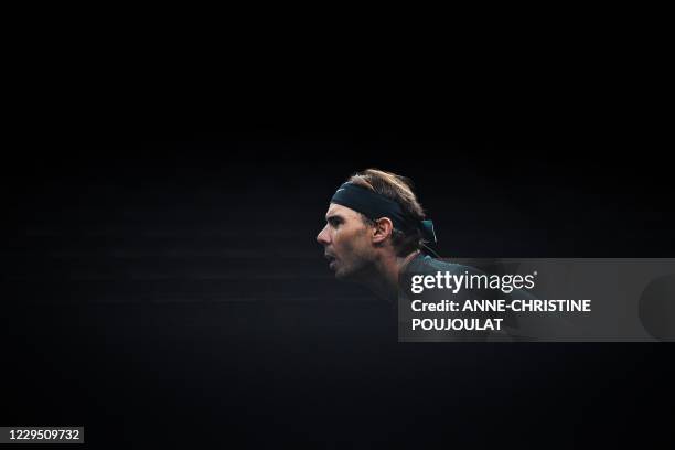 Spain's Rafael Nadal reacts as he plays against Germany's Alexander Zverev during their men's singles semi-final tennis match on day 6 at the ATP...