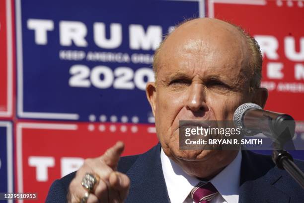 Attorney for the President, Rudy Giuliani, speaks at a news conference in the parking lot of a landscaping company on November 7, 2020 in...