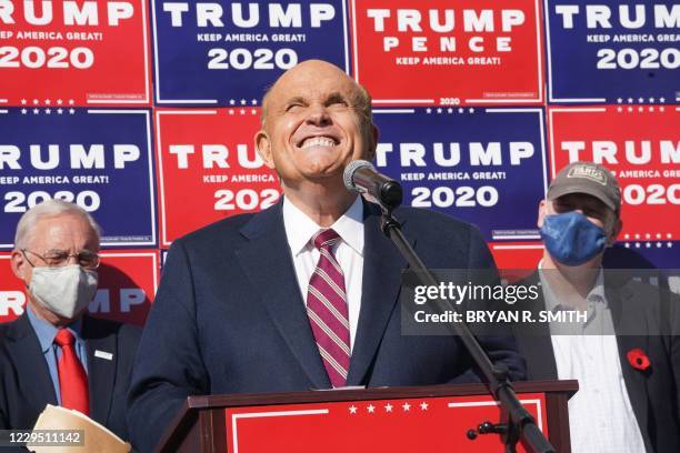 Attorney for the President, Rudy Giuliani, speaks at a news conference in the parking lot of a landscaping company on November 7, 2020 in...