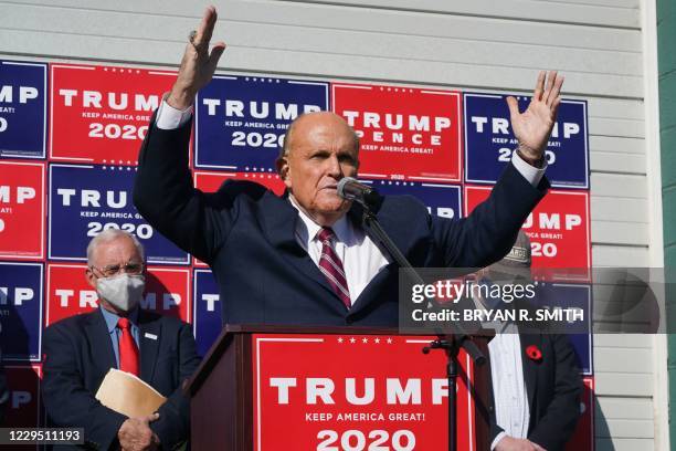 Attorney for the President, Rudy Giuliani, speaks at a news conference in the parking lot of a landscaping company on November 7, 2020 in...