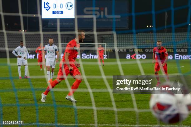 Mijat Maric of FC Lugano scores a penalty during the Super League game between FC Lausanne-Sport and FC Lugano at Stade Olympique de la Pontaise on...