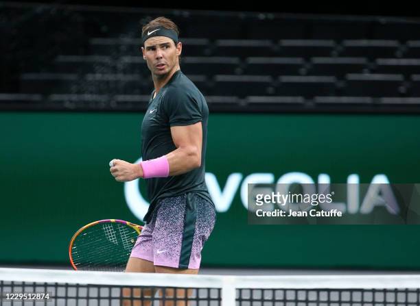 Rafael Nadal of Spain in action against Alexander Zverev of Germany during their semifinal on day 6 of the Rolex Paris Masters, an ATP Masters 1000...