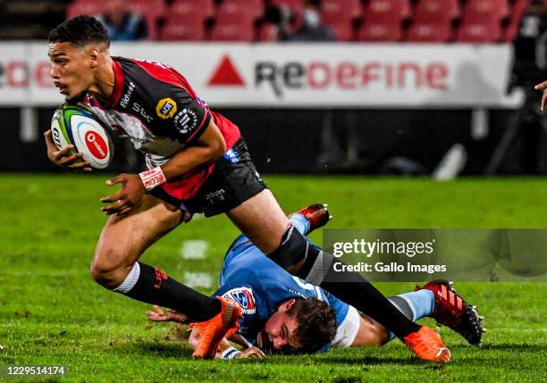 Gianni Lombard of the Lions and Joe van Zyl of the Bulls during the Super Rugby Unlocked match between Emirates Lions and Vodacom Bulls at Emirates...