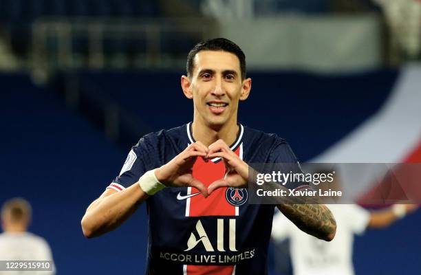 Angel Di Maria of Paris Saint-Germain celebrate his goal during the Ligue 1 match between Paris Saint-Germain and Stade Rennes at Parc des Princes on...