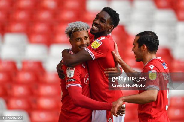 Sammy Ameobi of Nottingham Forest hugs Lyle Taylor of Nottingham Forest after he scored a goal to make it 1-0 during the Sky Bet Championship match...