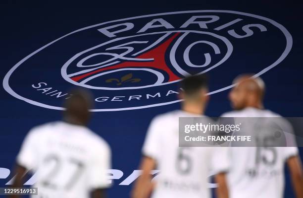 Paris Saint-Germain logo is seen during the French L1 football match between Paris Saint-Germain and Rennes at the Parc de Princes stadium in Paris...