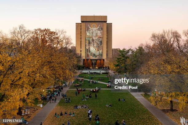 General view of the Hesburgh Library and Word of Life mural, commonly known as Touchdown Jesus, before the game between the Notre Dame Fighting Irish...