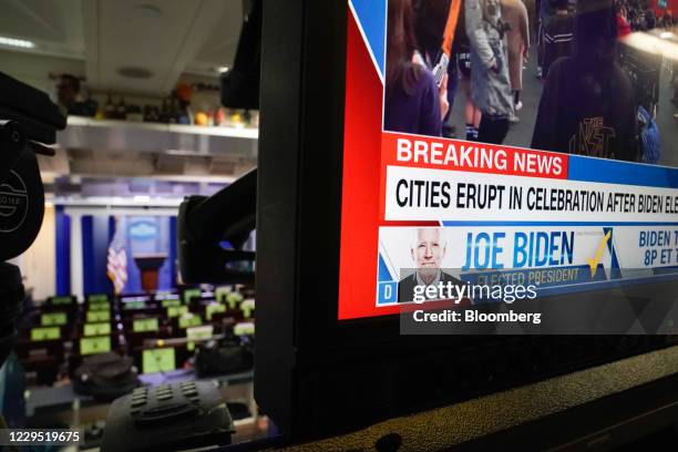 Screen declares President-elect Joe Biden as the winner of the U.S. Presidential election, inside the James S. Brady Press Briefing Room at the White...