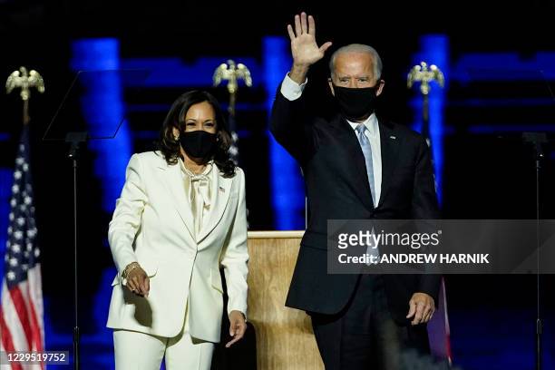 President-elect Joe Biden and Vice President-elect Kamala Harris deliver remarks in Wilmington, Delaware, on November 7 after being declared the...