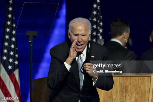 President-elect Joe Biden yells to the audience after speaking during an election event in Wilmington, Delaware, U.S., on Saturday, Nov. 7, 2020....
