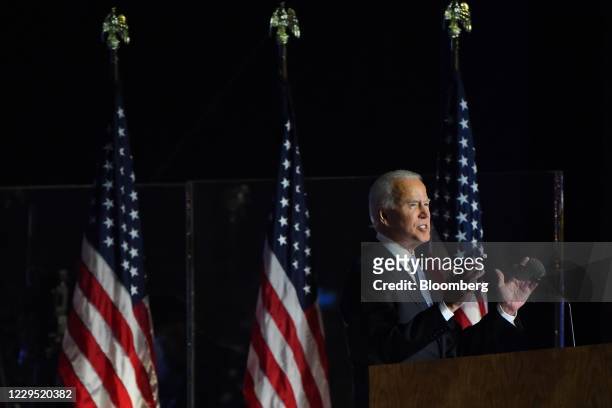 President-elect Joe Biden speaks while delivering an address to the nation during an election event in Wilmington, Delaware, U.S., on Saturday, Nov....