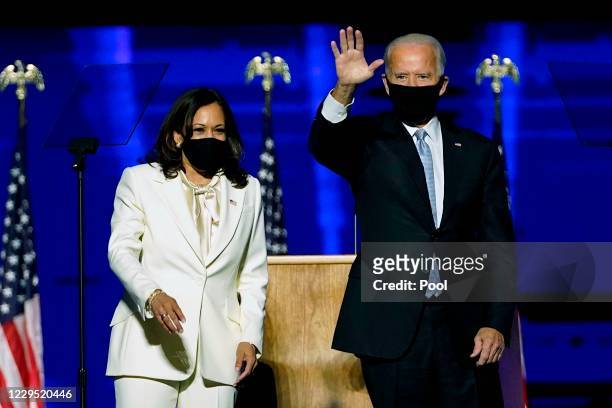 President-elect Joe Biden and Vice President-elect Kamala Harris take the stage at the Chase Center to address the nation November 07, 2020 in...