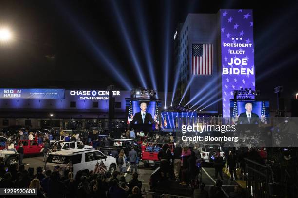 President-elect Joe Biden, center right, speaks while delivering an address to the nation during an election event in Wilmington, Delaware, U.S., on...
