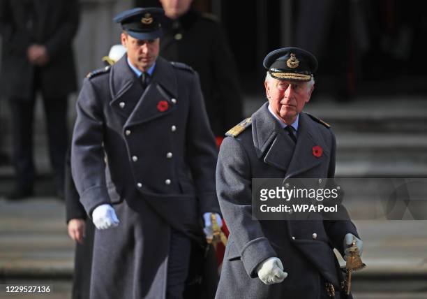 Britain's Prince Charles, Prince of Wales and Prince William, Duke of Cambridge attend a National Service of Remembrance at the Cenotaph in...