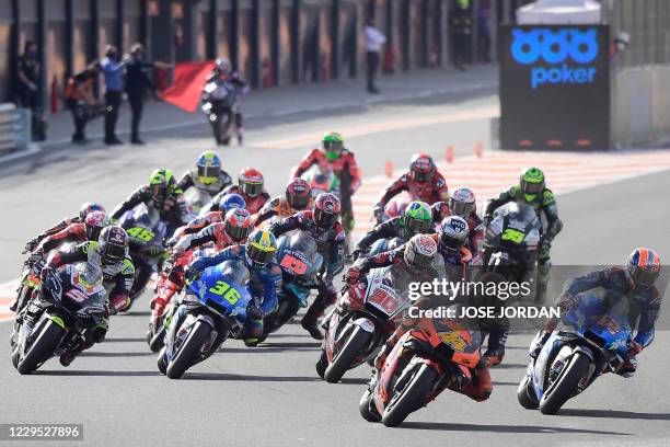 Red Bull KTM Factory Racing's Spanish rider Pol Espargaro leads at the start of the MotoGP race of the European Grand Prix at the Ricardo Tormo...