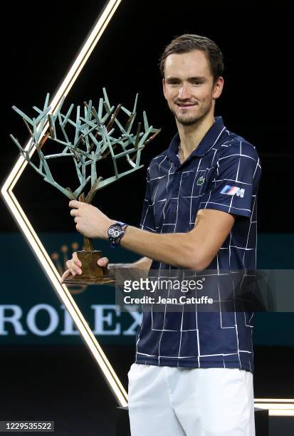 Winner Daniil Medvedev of Russia during the trophy ceremony of the Men's Final after beating Alexander Zverev of Germany on day 7 of the Rolex Paris...