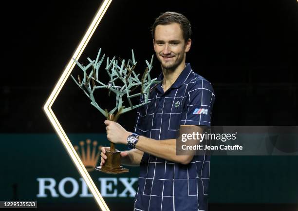 Winner Daniil Medvedev of Russia during the trophy ceremony of the Men's Final after beating Alexander Zverev of Germany on day 7 of the Rolex Paris...